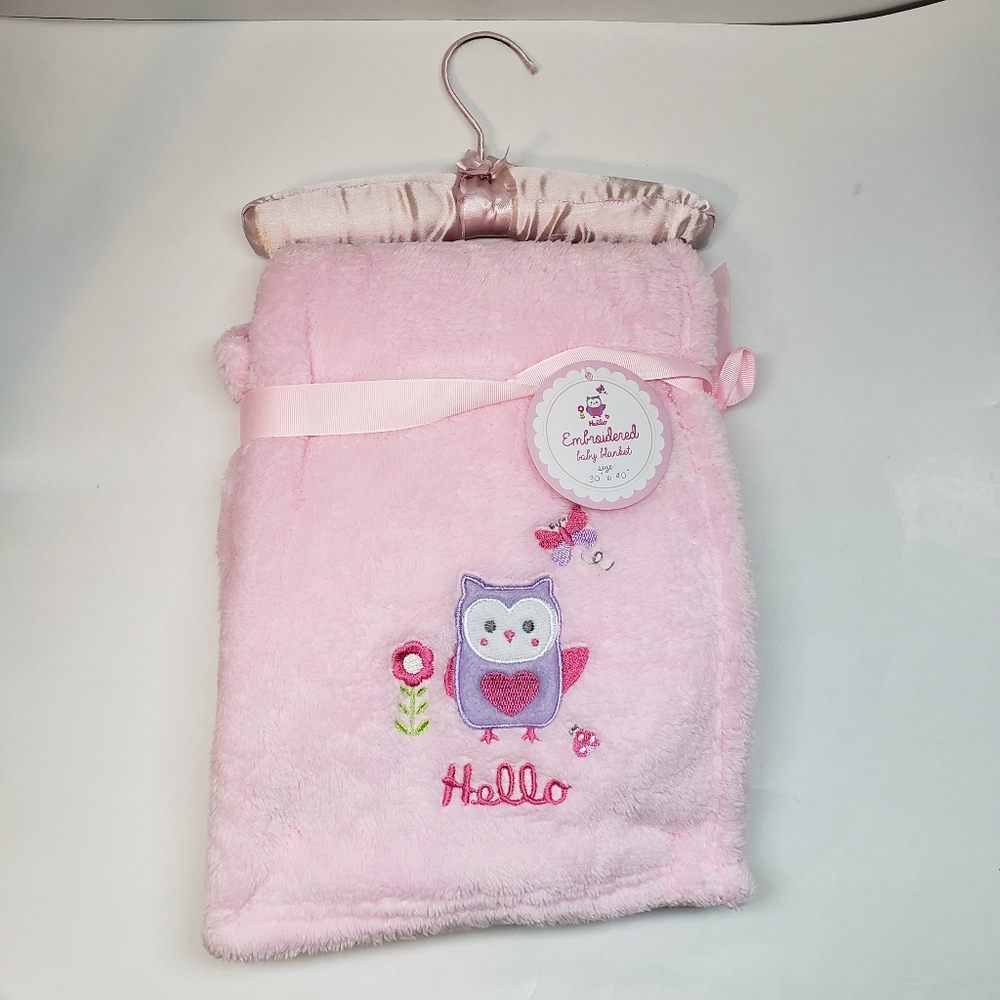 Hello Owl Embroidered Pink Baby Blanket 30x40in